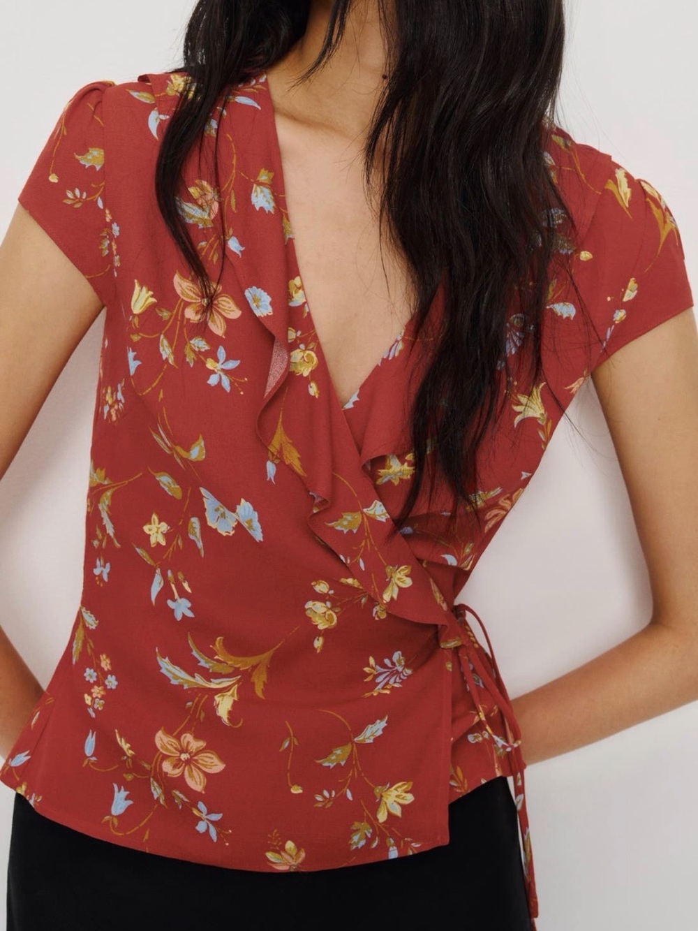 NWT Reformation Rust Floral Wrap Top with Ruffle V